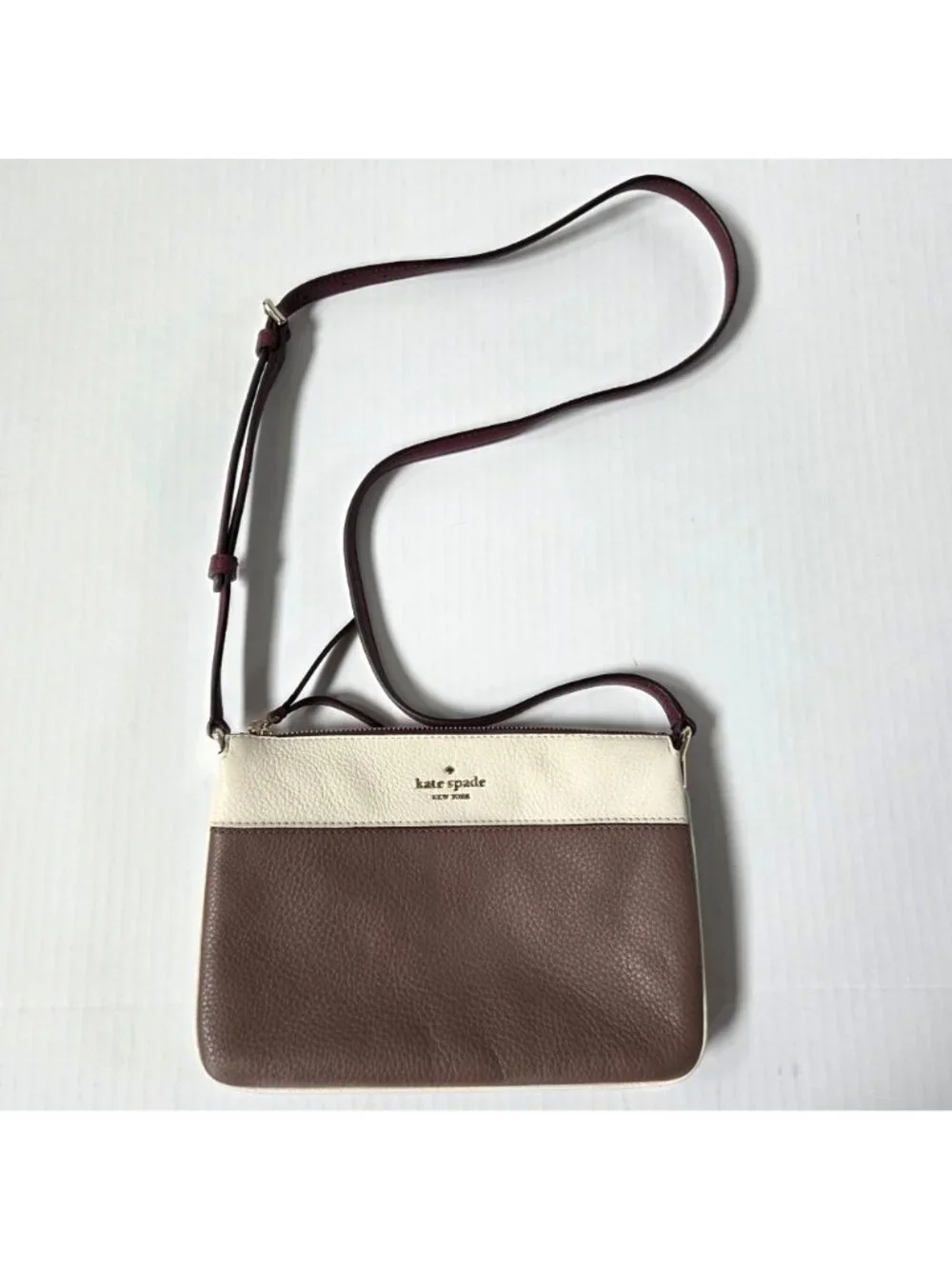 Kate Spade Purse Jackson Triple Gusset Neutral Cream Brown Leather Crossbody Bag
